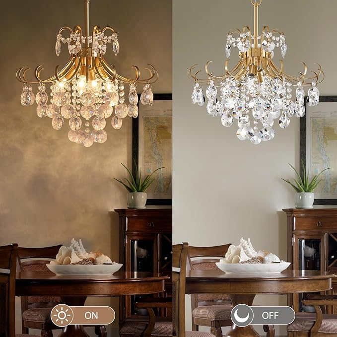 Gold Crystal Chandeliers for Dining Room, 4-Light Modern Crystal Light Fixture, Living Room Bedroom Pendant Ceiling Lamp, Luxury Hanging Light, H 17.7'' x W 18.1''