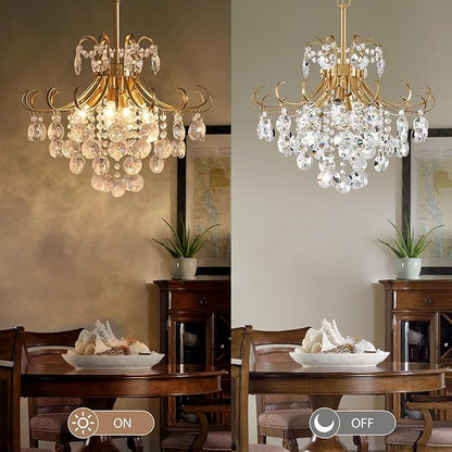 Gold Crystal Chandeliers for Dining Room, 4-Light Modern Crystal Light Fixture, Living Room Bedroom Pendant Ceiling Lamp, Luxury Hanging Light, H 17.7'' x W 18.1''
