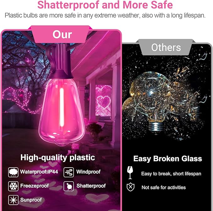 LAMPHOME 4-Pack 26Ft ST38 Outdoor String Lights, Pink LED Shatterproof Patio Lights with 12+1 Edison Bulbs for Valentine's Day, Christmas, Bistro, Wedding & Party Decor