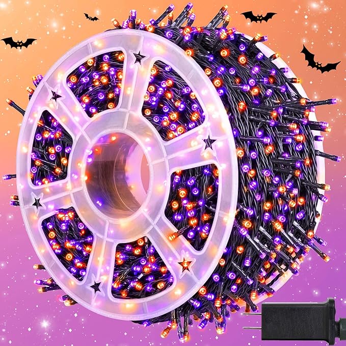 kemooie 500 LED Halloween Lights, 164FT 8 Lighting Modes Plug in Waterproof Fairy Lights for Outdoor Tree Party Garden Balcony Halloween Decorations (Purple and Orange)