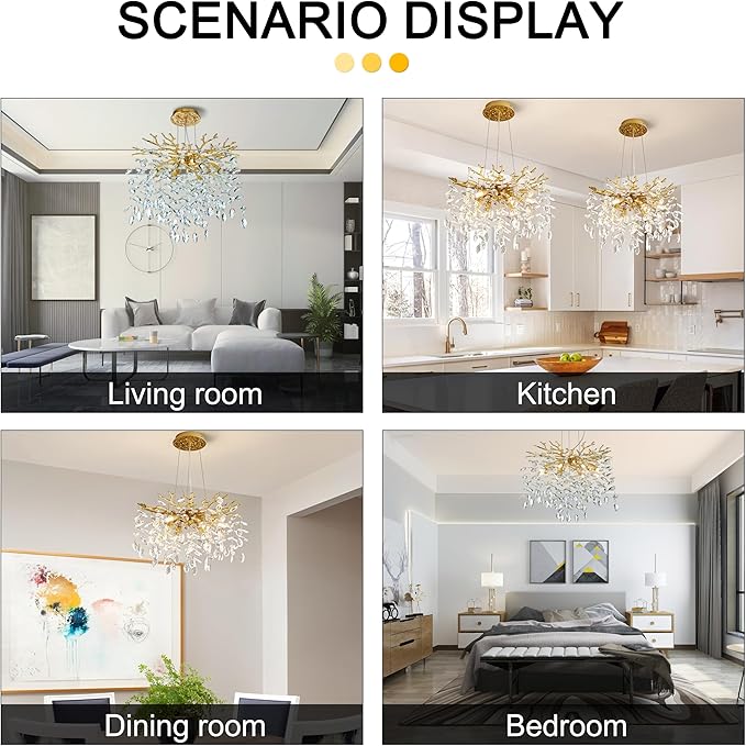 Modern Crystal Tree Branches Chandelier, 18in Gold 6 Lights Large Ceiling Hanging Light for Dining Room, Round Raindrop Pendant Light Fixture