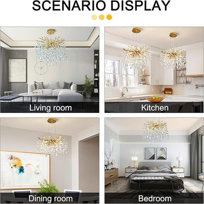 Modern Crystal Tree Branches Chandelier, 18in Gold 6 Lights Large Ceiling Hanging Light for Dining Room, Round Raindrop Pendant Light Fixture