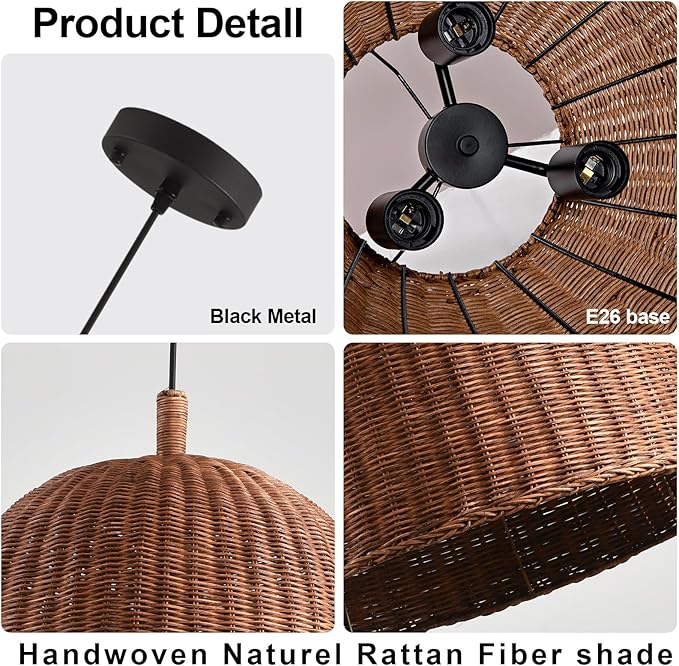 HUEHENGHAO 16.54" Dark Brown Rattan Pendant Light, 3-Light Rattan Chandelier Handmade Woven, Wicker Basket Chandelier Farmhouse for Dining Living Bedroom Kitchen