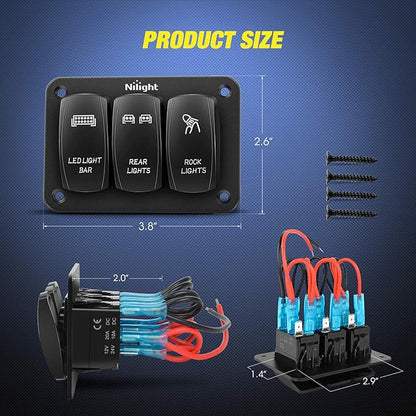 Nilight - 90128C 3 Gang Rocker Switch Panel Aluminum 5 Pin ON Off Toggle Switch Panel Pre-Wired Rocker Switch SPST 12V 24V Switches for Marine Boats Cars ATVs UTVs