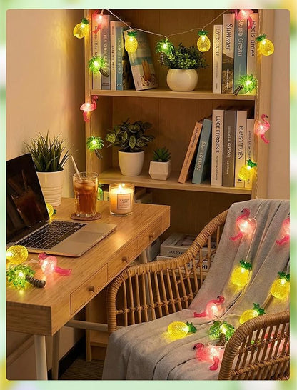8.5Ft Summer Beach Hawaiian String Lights Outdoor with 10 LED Flamingo Pineapple Palm Tree Lights, Plug in Tropical Party Decorations Lights for Patio Backyard Garden Window Tiki Bar Pool Party Decor