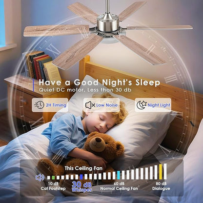 Hounberi 52 Inch Ceiling Fans with Lights and Remote, Modern Brushed Nickel Ceiling Fan with Light, Reversible DC Motor, Dual-Sided 6 Blades, 3CCT, Dimmable LED Ceiling Fan for Living room, Bedroom
