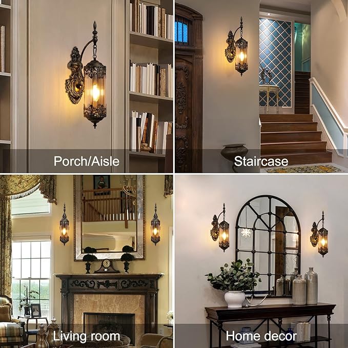 Vintage Wall Sconce with Amber Glass, Rustic Black Brushed Gold Farmhouse Wall Light Fixture, Antique Gothic Decorative Metal Wall Lamp for Hallway, Bedroom, Living Room, Entryway
