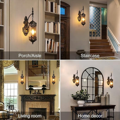 Vintage Wall Sconce with Amber Glass, Rustic Black Brushed Gold Farmhouse Wall Light Fixture, Antique Gothic Decorative Metal Wall Lamp for Hallway, Bedroom, Living Room, Entryway