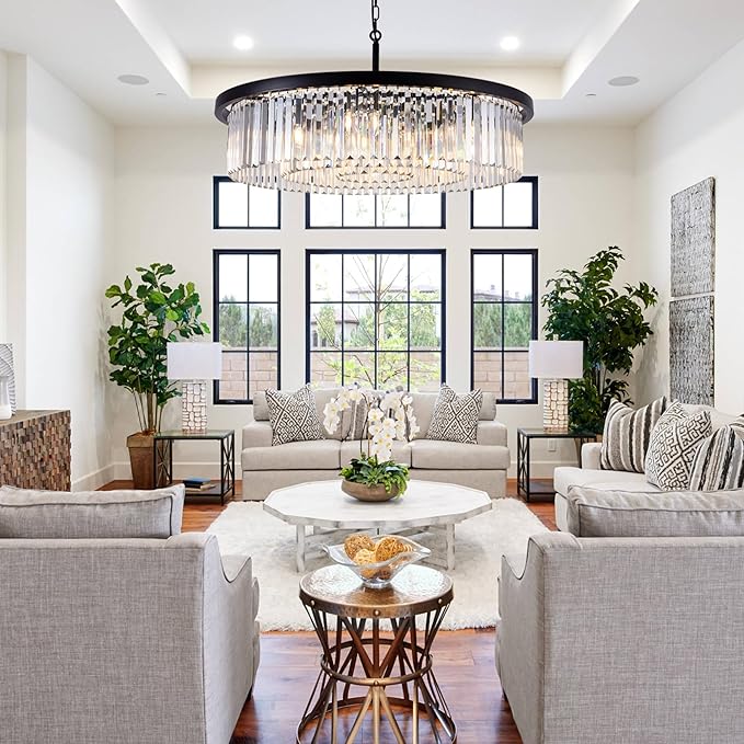 Wellmet Modern Black Crystal Chandelier, 33.5" Large 3-Tier Round Pendant Light with Adjustable Chain, 9-Light Luxury Crystal Ceiling Fixture for High Ceiling Foyer, Grand Living Room, Dining, Bedroom