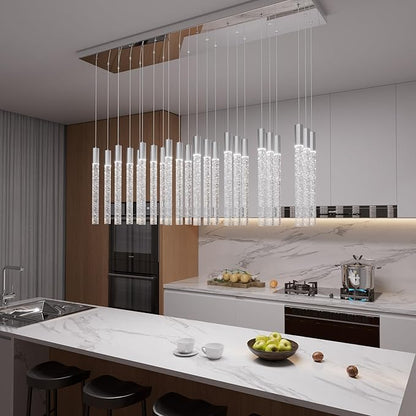 24-Light Rectangular Crystal Chandelier, Large Silver Bubble Crystal Column Pendant Light, Adjustable Height Hanging Chandeliers for Kitchen Island, Living Room, Foyer