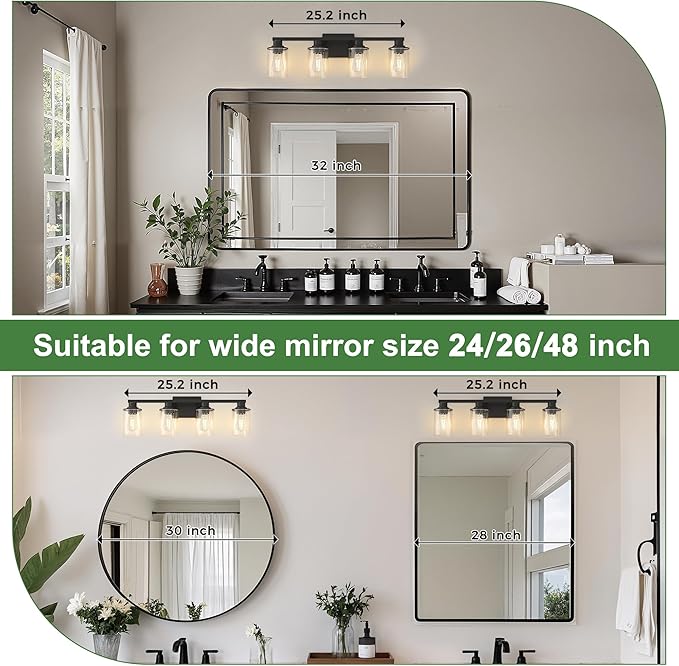 DORESshop Bathroom Light Fixtures, 4-Light Black Bathroom Lighting Fixtures Over Mirror with Glass Shade, Modern Vanity Lights for Hallway Bedroom, Includes Bulbs