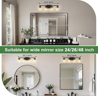 DORESshop Bathroom Light Fixtures, 4-Light Black Bathroom Lighting Fixtures Over Mirror with Glass Shade, Modern Vanity Lights for Hallway Bedroom, Includes Bulbs
