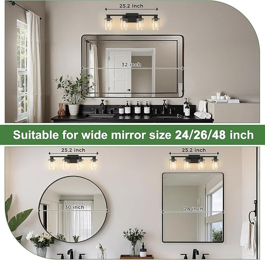 DORESshop Bathroom Light Fixtures, 4-Light Black Bathroom Lighting Fixtures Over Mirror with Glass Shade, Modern Vanity Lights for Hallway Bedroom, Includes Bulbs