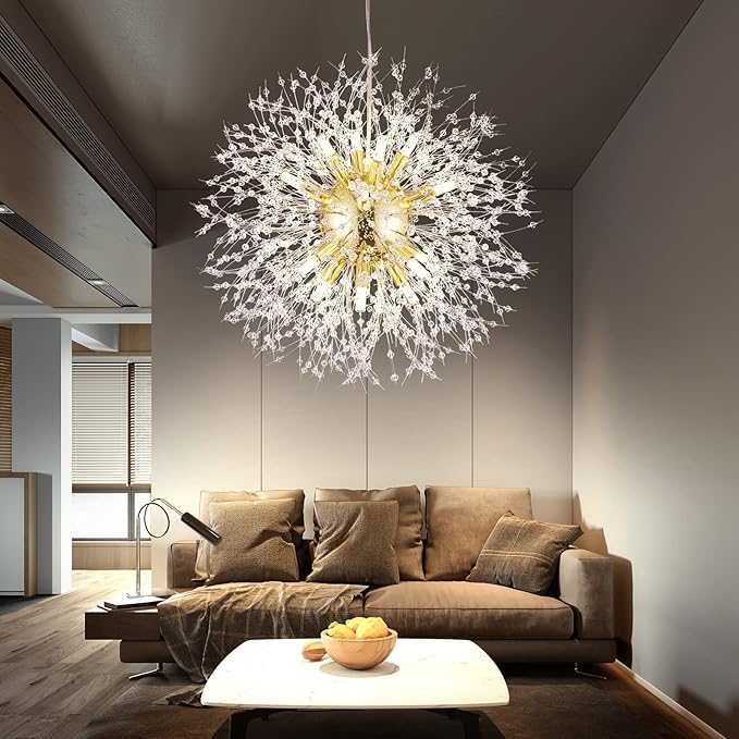 Yiisem Modern Gold Crystal Chandeliers, 16-Light Dandelion Firework Pendant Lighting, Hanging Chandelier Light Fixtures for Dining Room Bedroom Living Room Kitchen Island
