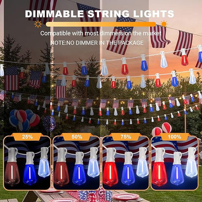 LAMPHOME 26Ft ST38 Red White Blue LED String Lights, Patriotic Red White and Blue Lights Outdoor Shatterproof Patio Lights, 12+1 Edison Bulbs 4th of July Lights for Independence Day Decor