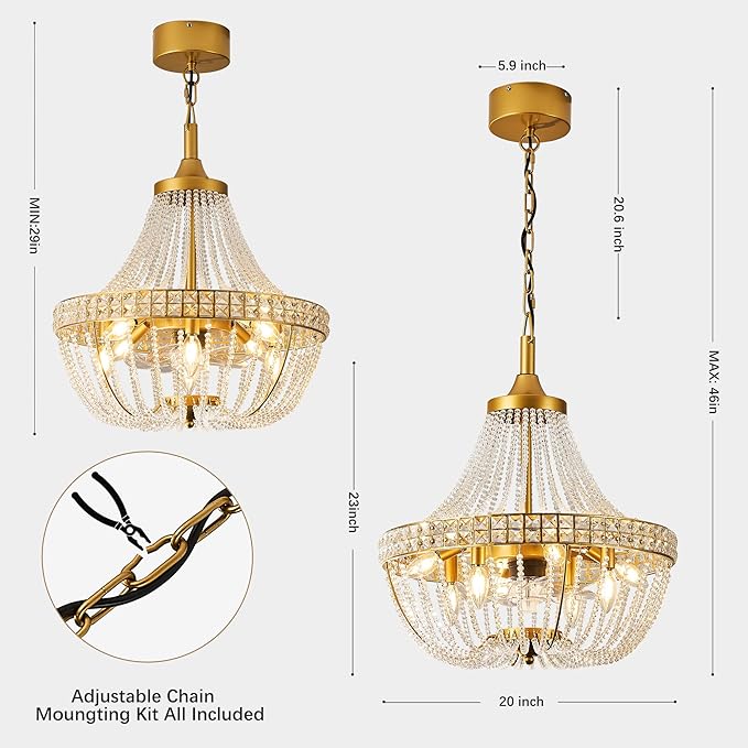 20 inch Chandelier Fan, Luxury Crystal Ceiling Fan with Lights, Remote/APP Controlled, 7 Blades Invisible Fan for Bedoom, Dining Room, (Gold, 20" Luxurious Style)