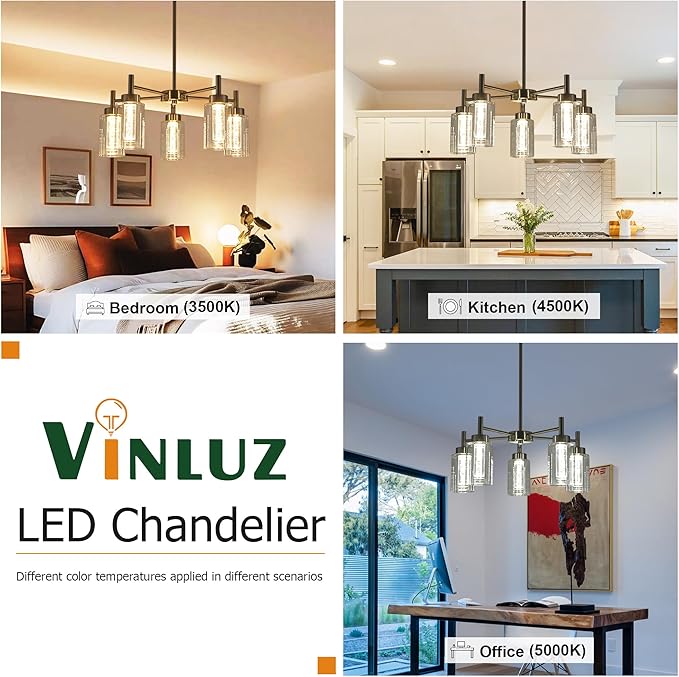 LED 5 Light Modern Chandeliers for Dining Room,Brushed Nickel Finish Hanging Lighting Fixture with Crystal Bubble Clear Glass Shade Kitchen Island for Hanging