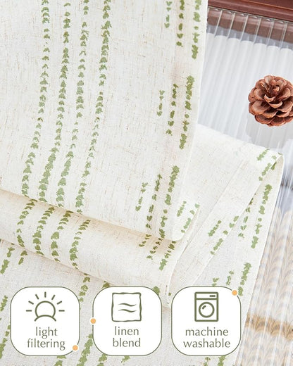 jinchan Boho Kitchen Curtains Linen Cafe Tier Curtains 36 Inch Bohemian Geometric Striped Mudcloth Small Window Drapes for Living Room Bathroom Light Filtering Back Tab 2 Panels Sage Green on Flax
