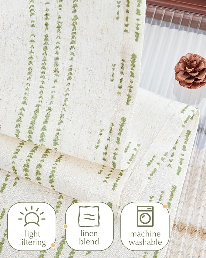 jinchan Boho Kitchen Curtains Linen Cafe Tier Curtains 24 Inch Bohemian Geometric Striped Mudcloth Small Window Drapes for Living Room Bathroom Light Filtering Back Tab 2 Panels Sage Green on Flax