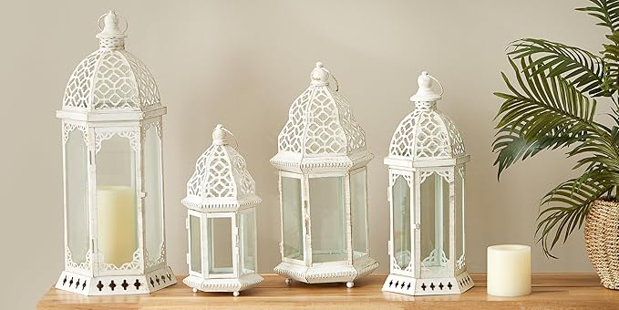 Zingz & Thingz Moroccan Style Candle Lantern Holder, Decorative Light Home Decor, Indoor & Outdoor, 13" Tall, White