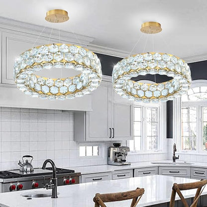Crystal Chandeliers Modern Rings Pendant Light LED Dimmable Ceiling Light for Bedroom Dinning Room Kitchen Gold