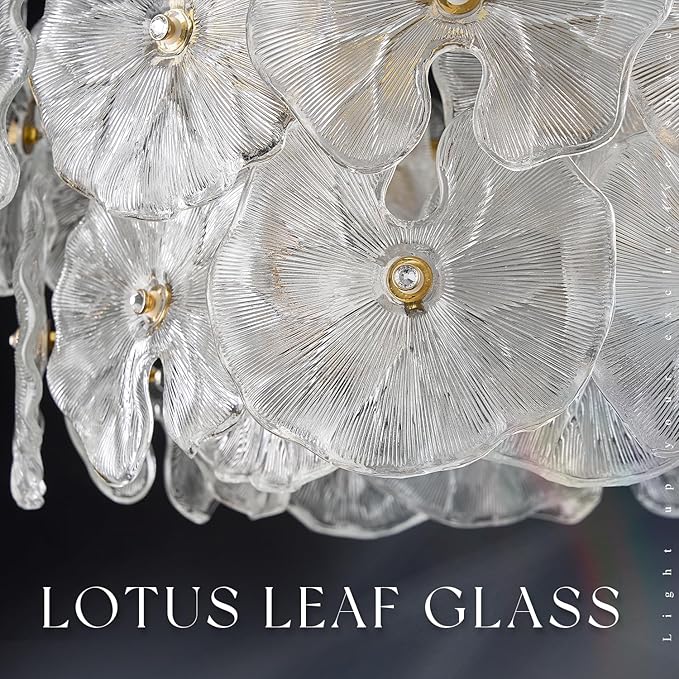 Modern Gold Glass LED Chandelier 20" Elegant Lotus Leaf Dimmable Ceiling Chandeliers with Remote Control Luxury for Foyer Entryway Living Dining Room(3000K-6500K)