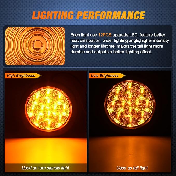 Nilight 2PCS 4 Inch 12LED Round Amber Turn Signal Tail Light w/Surface Mount Grommet Plugs IP67 Trailer Lights for RV Truck Trailers