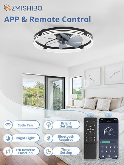 ZMISHIBO 24 Inch Low Profile Ceiling Fans with Lights and Remote, 3000K-6000K Dimmable Fandelier LED Fan Light, Flush Mount Ceiling Fan with Light, 6 Wind Speeds Ceiling Fans for Bedroom- Black