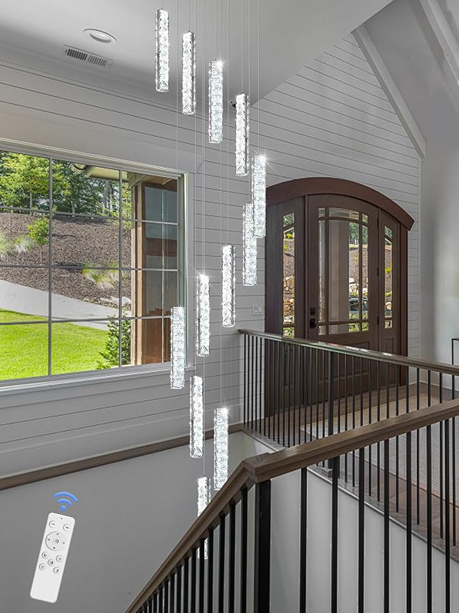 Long Spiral Crystal Chandelier Lighting for Foyer Silver 12-Light Staircase Chandelier High Ceiling Slopped LED Dimmable 2700K-6000K
