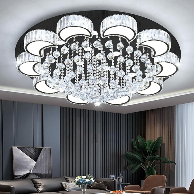 40" Black Modern Crystal Chandeliers for Dining Room LED Dimmable Light Fixtures Flush Mount Light Living Room Bedrooms