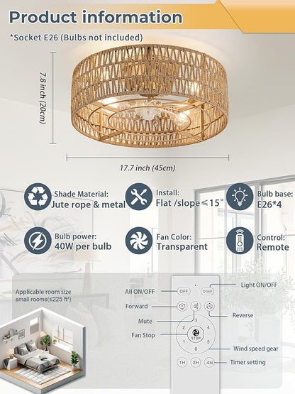 Boho Caged Ceiling Fans with Lights Flush Mount, Hand-Woven Rattan Ceiling Fans with Light and Remote Control, Enclosed Timing 6 Speeds Reversible for Living Room Bedroom Dining Room