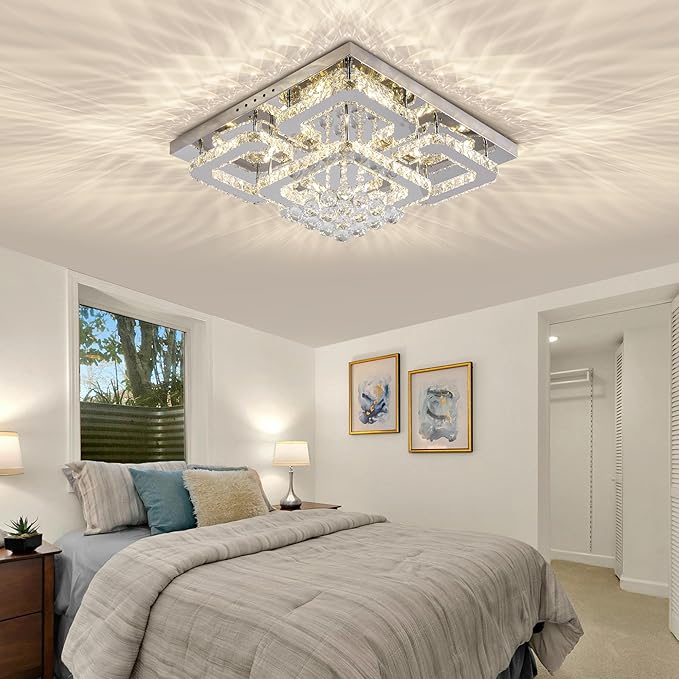 24 inch Flush Mount Chandelier Crystal Ceiling Light with Remote Control/APP,3CCT Dimmable&Brightness Adjustable, Modern Crystal Raindrop Silver Chandeliers for Bedroom Hallway Dinning Room LivingRoom