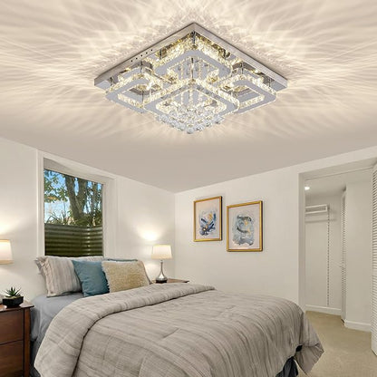 24 inch Flush Mount Chandelier Crystal Ceiling Light with Remote Control/APP,3CCT Dimmable&Brightness Adjustable, Modern Crystal Raindrop Silver Chandeliers for Bedroom Hallway Dinning Room LivingRoom
