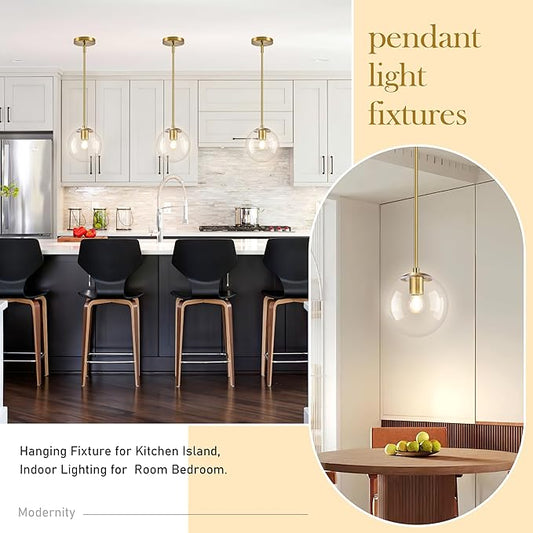 Bagood 8" Globe Pendant Light Gold 2 Pack Mid Century Pendant Light Globe Pendant Lights Kitchen Island Brushed Brass Finished with Clear Glass Adjustable Ceiling Light Fixtures for Dining Room Bar