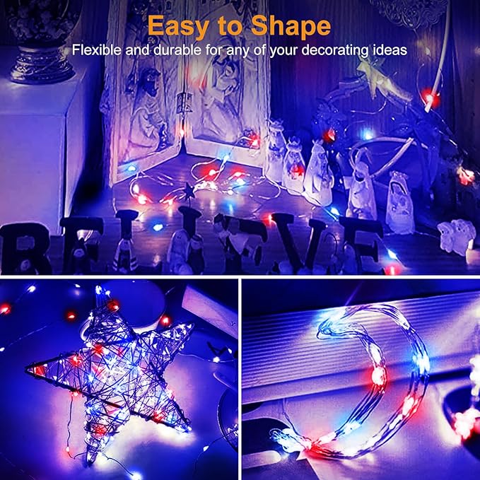 btfarm 4th of July Patriotic Fairy Lights Battery Operated, 6 Pack Red White Blue 3 Modes Twinkle String Lights, 7ft 20 Led Independence Day Mini for Mason Jars Vases Table Centerpiece Decorations