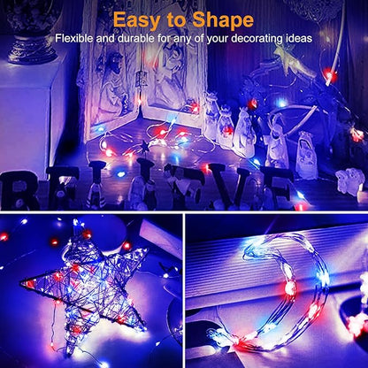 btfarm 4th of July Patriotic Fairy Lights Battery Operated, 6 Pack Red White Blue 3 Modes Twinkle String Lights, 7ft 20 Led Independence Day Mini for Mason Jars Vases Table Centerpiece Decorations