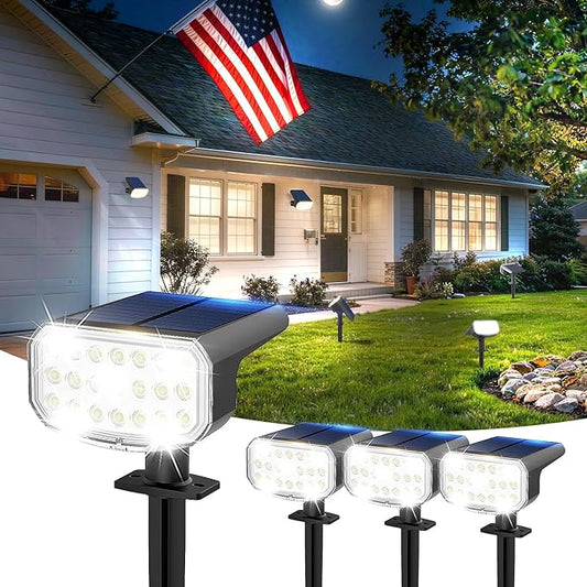 Solar Lights Outdoor Waterproof IP65, Super Bright LED with Lens, 6500K 2 Lighting Modes, Solar Powered Yard Garden Solar Spot Lights for Outside Landscape Auto On/Off - 4 Pack