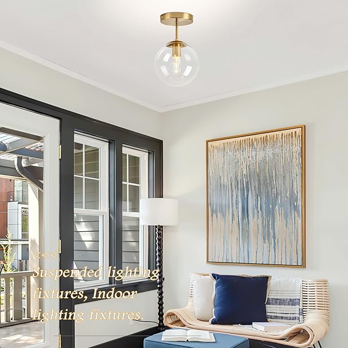 Bagood 8 Inch Gold Semi Flush Mount Ceiling Light Fixture Clear Glass Globe Ceiling Light Fixture Modern Hallway Light Fixtures Mid Century Ceiling Light Brass Finish for Entryway Bedroom (Bulb Incl.)