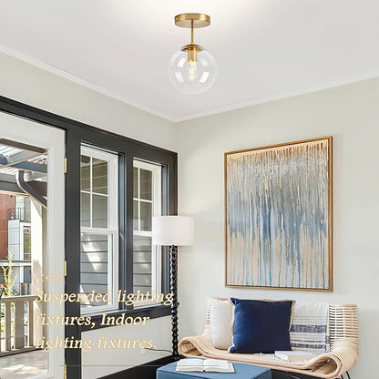 Bagood 8 Inch Gold Semi Flush Mount Ceiling Light Fixture Clear Glass Globe Ceiling Light Fixture Modern Hallway Light Fixtures Mid Century Ceiling Light Brass Finish for Entryway Bedroom (Bulb Incl.)