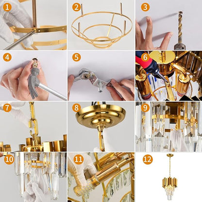 Gold Pendant Light Fixtures Dining Room Chandelier 3-Light Modern Small Crystal Pendant Lights Kitchen Island Kitchen Living Room entryway Bedroom Round Ceiling Hanging Light fixtures 3-Tiers W11.8in