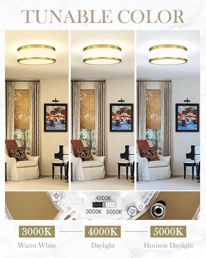 LMS 24W LED Flush Mount Ceiling Light, 15 inch 3CCT 3000K/4000K/5000K, Brushed Gold Close to Ceiling Light for Bathroom, Kitchen, Living Room, LMS-190