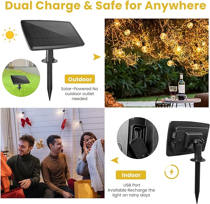 Yusist 100FT Solar String Lights Outdoor Waterproof with Remote, G40 Solar Powered String Lights with 30+2 LED Shatterproof Bulbs, Dimmable Solar Patio Hanging Lights for Outside Backyard Party