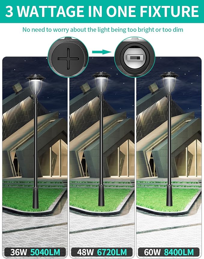 4 Pack LED Post Top Light ETL Listed 60W 48W 36W Adjustable Outdoor Pole Lights with Photocell IP65 Waterproof Post LED Fixture 5000K for Garden Yard Street Lighting