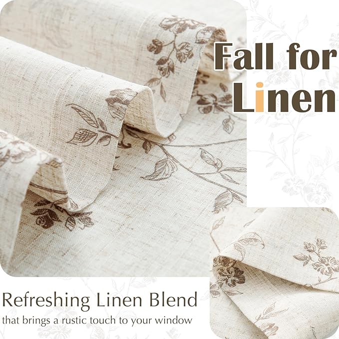 jinchan Floral Kitchen Curtains 36 Inch Linen Tier Curtains Farmhouse Cafe Half Window Drapes Over Sink Light Filtering for Living Room Laundry RV Rod Pocket 2 Panels Taupe on Beige