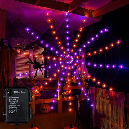 Ollny Spider Web Decoration 6.6FT 126 LED, Orange and Purple Halloween Lights with Black Spider Battery Powered 8 Modes Timer, Waterproof Cobweb String Light for Outdoor Indoor House Yard Party