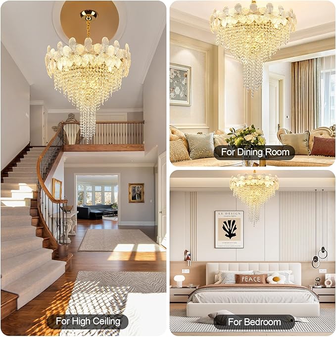 Gold Crystal Chandelier, 23.6" Luxury Flower Round Contemporary Chandeliers, 9-Light Adjustable Height Ceiling Fixture Elegant Modern Chandelier for Dining Room, Living Room, Staircase