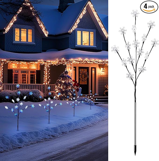 Brightown Snowflake Pathway Lights, 4 Packs Christmas Yard Decor, Small Christmas Tree with Lights, Blue and White