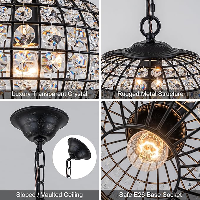 Globe Chandelier, 12" Vintage Crystal Black Dining Room Light Fixture with Gold Accents Crystal Pendant Light Antique Foyer Chandeliers for Bedroom Living Room Hallway Entryway