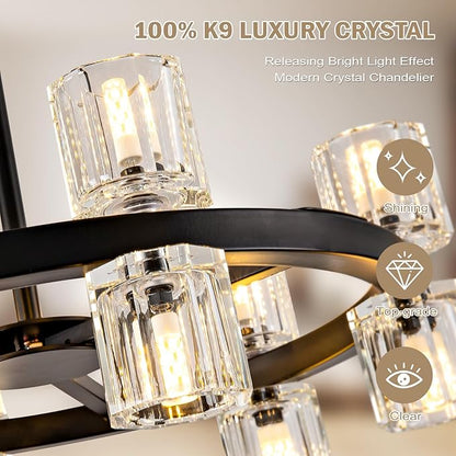 18'' Modern Large Chandelier, 12-Light Elegant Crystal Chandeliers for Dining Room, Black Farmhouse Round Wagon Wheel Pendant Lighting Fixture with Glass Shade for Living Room High Ceilings Entryway
