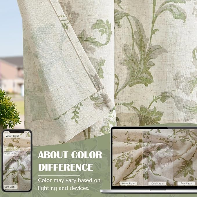jinchan Linen Kitchen Curtains 36 Inch Vintage Floral Tier Curtains Farmhouse Cottage Cafe Rod Pocket Country Small Window for Laundry Room Bathroom RV 2 Panels Green on Beige